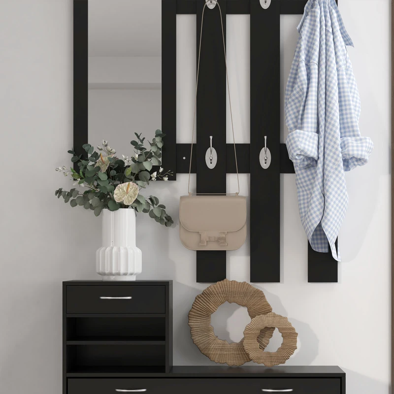 HOMCOM Móvel de Entrada Cabideiro com Sapateira e Espelho em Aglomerado 90x10x102 cm Preto