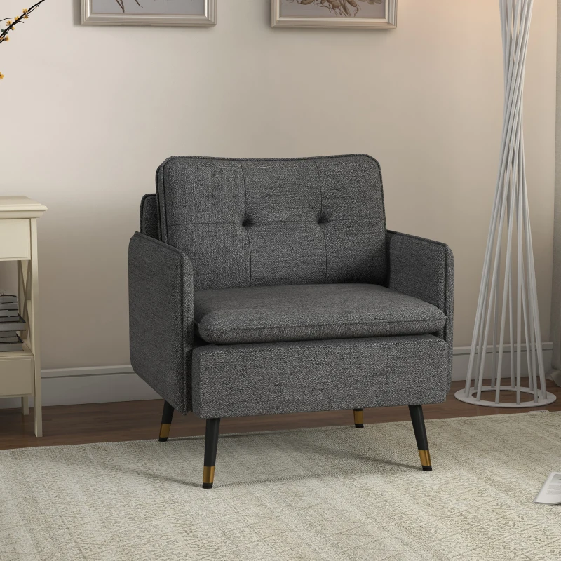 HOMCOM Poltrona Escandinava com Encosto Capitonê e Vivo em Tecido 76x68x80 cm Cinza e Pernas em Metal Preto e Dourado