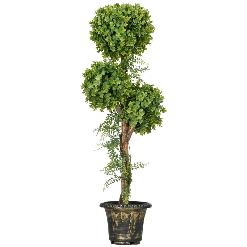 HOMCOM Planta Artificial Árvore Artificial 3 Bolas de Buxo com Vaso de Cimento Interior e Exterior Altura 115 cm