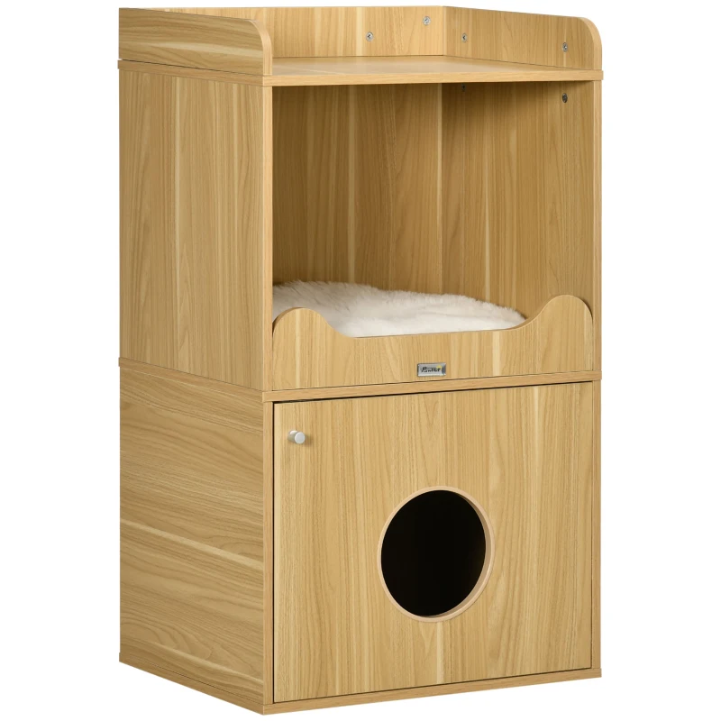Pawhut Casa de Banho para Gato Móvel Caixa de Areia para Gato 3 Níveis Compartimento Fechado Por Uma Porta 1 Almofada 60x45x103 cm