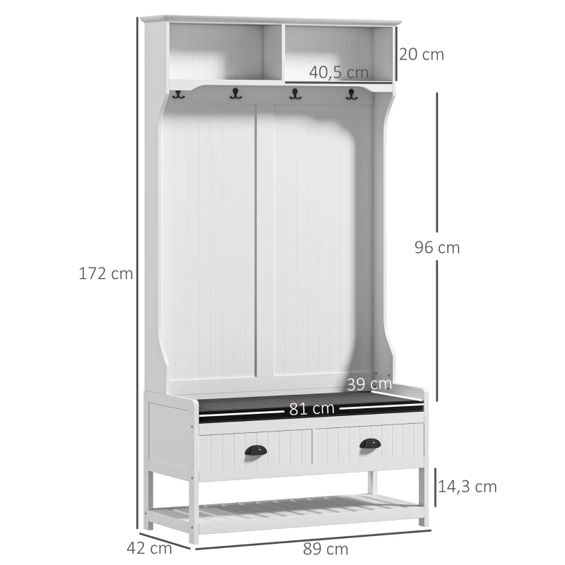HOMCOM Cabide com Ganchos Guarda Roupa com Banco para Sapatos para Entrada Corredor Metal Aglomerado Branco Cinza