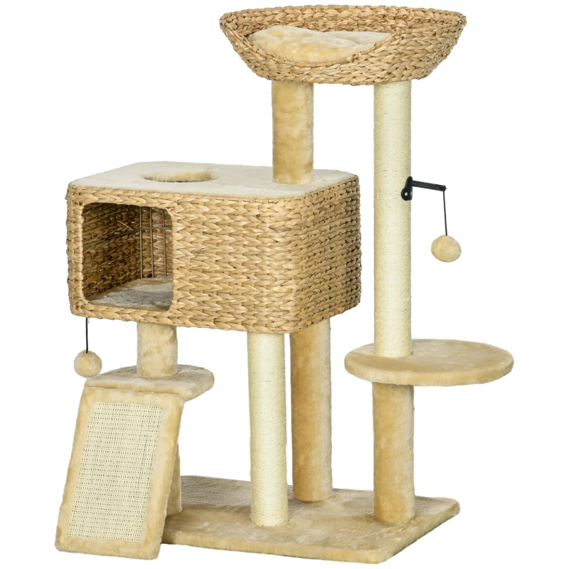 Pawhut Árvore para Gatos com Arranhador Cesto de Observação Plataformas e Pompons Suspensos 60x40x98 cm Bege