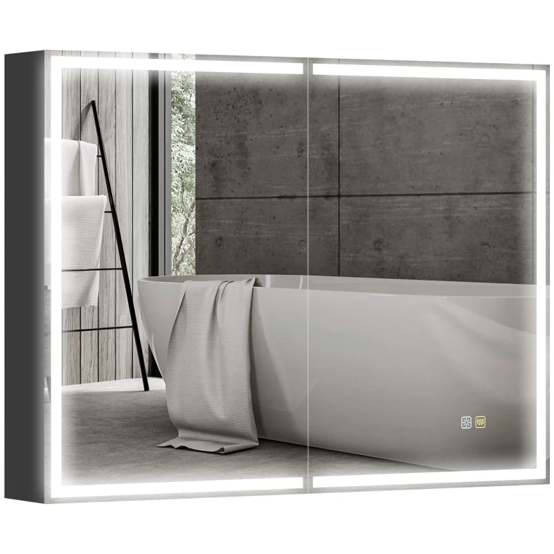 HOMCOM Armário de Banheiro com Espelho Iluminação LED 60x80 cm Função Anti Nevoeiro Regulador de Luz 3 Cores Preto