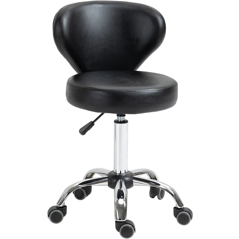 HOMCOM Banquinho com Rodízios Massagem Trabalho Giratório 360° Assento Ajustável 49-64 cm Encosto Ergonômico Revestimento Preto