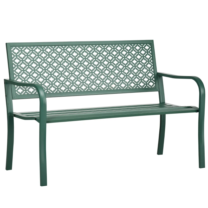 Outsunny Banco de Jardim Banco Exterior de Jardim em Aço com Encosto com Motivo Floral para 2 Pessoas 127x63x83 cm Verde Escuro