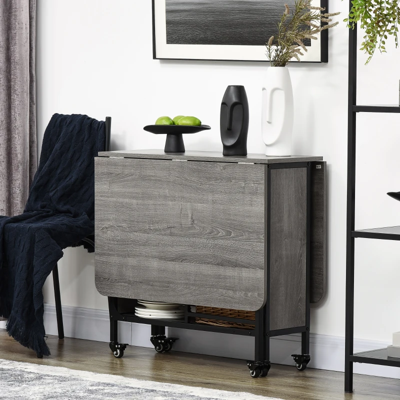 HOMCOM Mesa Dobrável de Cozinha Extensível para Sala de Jantar em Rodízios para Até 6 Pessoas com Prateleira Integrada 6 Rodas Cinza