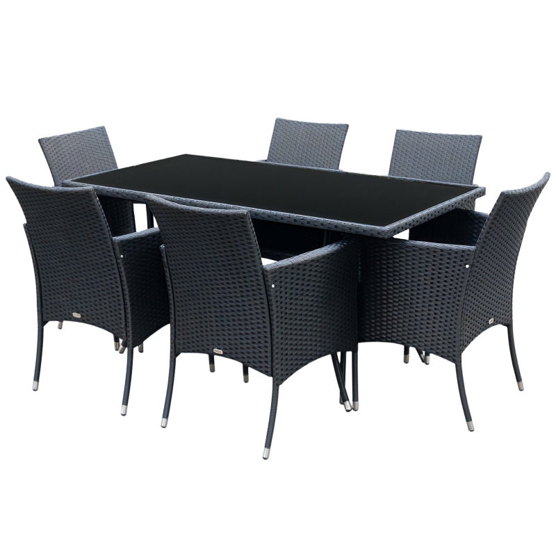 Outsunny Ensemble Salon de Jardin 6 Personnes - Grande Table rectangulaire, 6 fauteuils - 6 Coussins d'assise déhoussables Inclus - métal époxy Verre trempé 5 mm résine tressée Noire