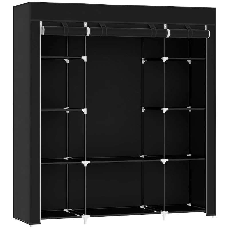 HOMCOM Armário de Armazenamento Guarda Roupa de Tecido Dobrável com Barra de Suspensão e Prateleiras 150x43x162,5 cm Preto