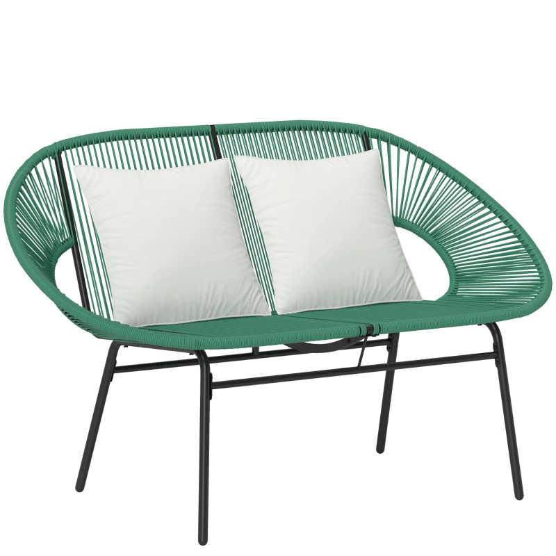 Outsunny Banco de Jardim 2 Lugares em Aço e Corda de Resina com 2 Almofadas 132x72x83 cm Verde Escuro