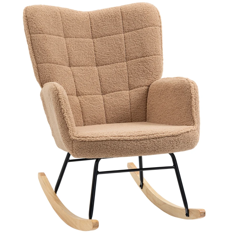 HOMCOM Poltrona de Balanço Estofada em Madeira e Aço com Revestimento Bouclé 71x98x101 cm Marrom