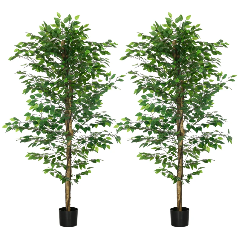 HOMCOM Conjunto de 2 Plantas Artificiais Ficus Altura 1,80 m Tronco Ramificações Cipó Musgo Folhas Alta Realismo Vaso Incluso Verde