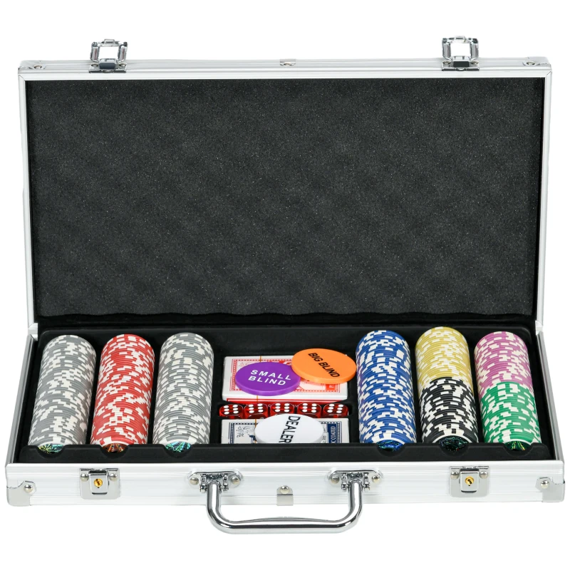 Sportnow Maleta de Poker Coffret de Poker Completo com Fechadura com 300 Fichas 2 Baralhos de Cartas 3 Botões 1 Tapete de Feltro