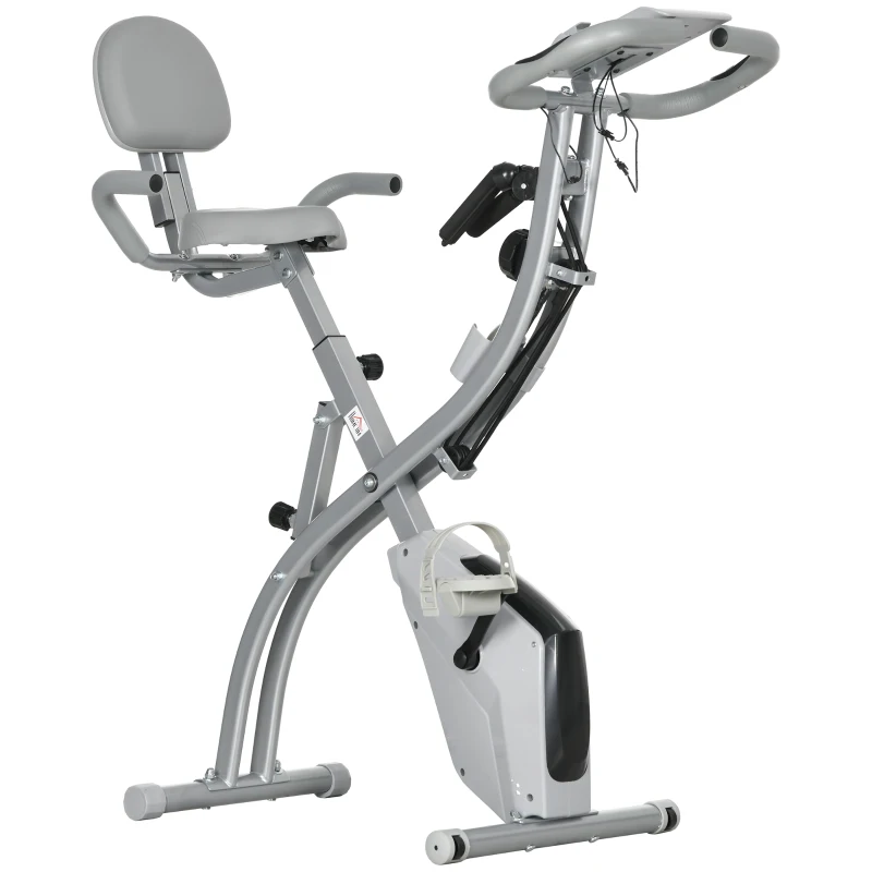 HOMCOM Bicicleta Ergométrica Dobrável 8 Níveis de Resistência Magnética Encosto Selim Ajustável Alças Ergonômicas Preto Cinza