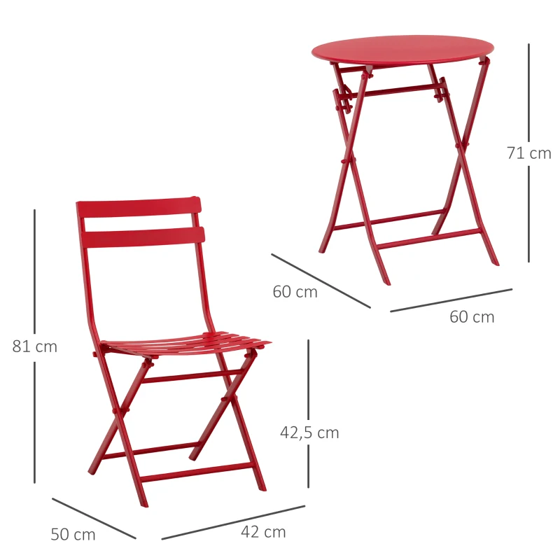 Outsunny Conjunto de Jardim Bistrô Dobrável Mesa Redonda Ø 60 cm com 2 Cadeiras Dobráveis Metal Termolacado Vermelho