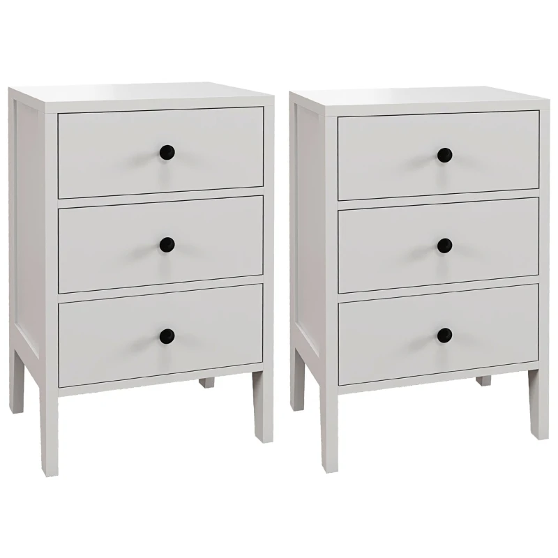 HOMCOM Conjunto de 2 Mesas de Cabeceira Mesas Auxiliares 3 Gavetas para Quarto em Madeira 40x30x64 cm Branco