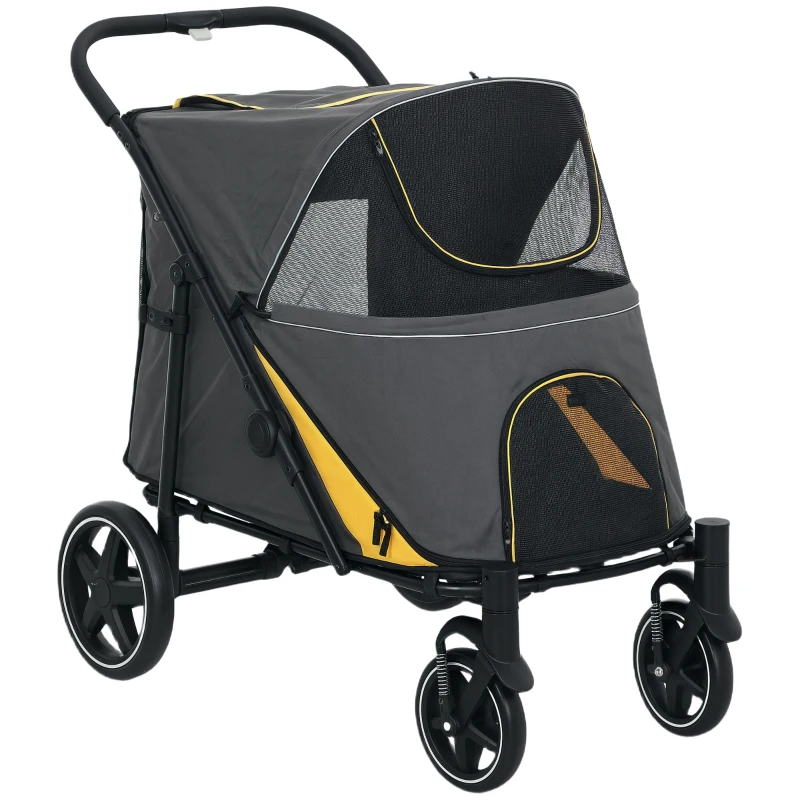 Pawhut Carrinho para Cães Carrinho para Gato 4 Rodas Dobrável com Um Clique Alça de Segurança Carga 30 Kg 112x65x100 cm Cinza Escuro