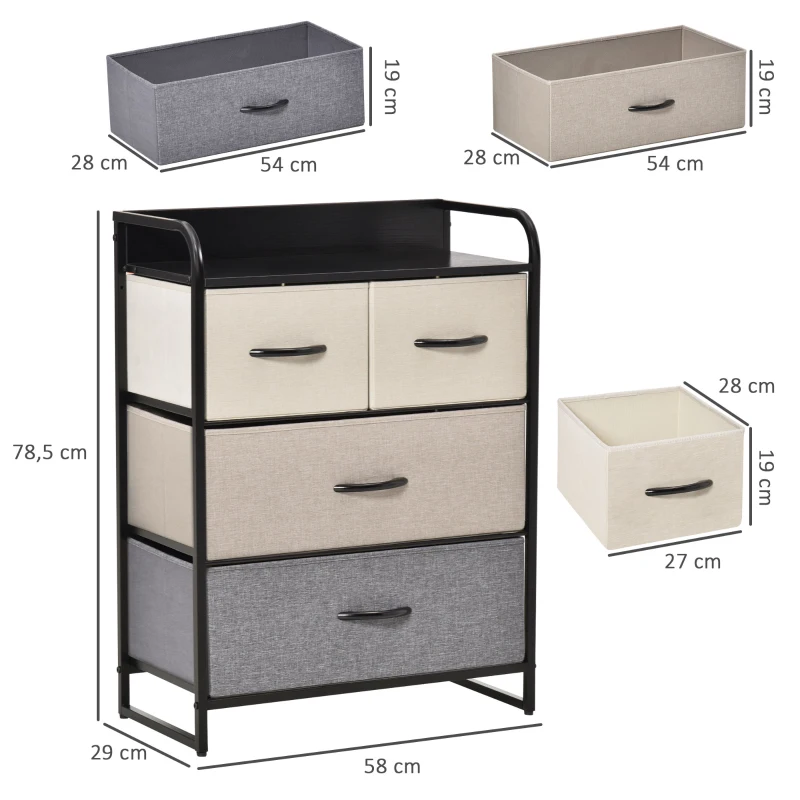 HOMCOM Móvel de Armazenamento Toucador 4 Gavetas em Tecido 58x29x78,5 cm Preto Cinza Cru Bege