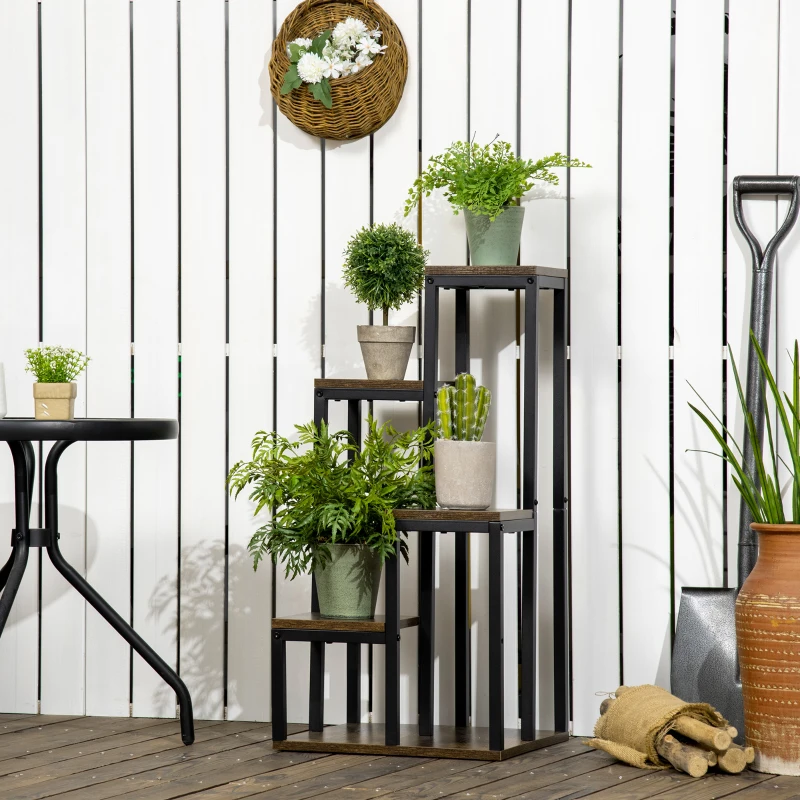 Outsunny Suporte para Plantas Estante de Flores 4 Prateleiras Diferentes Alturas Estrutura Aço 40x40x81 cm Preto