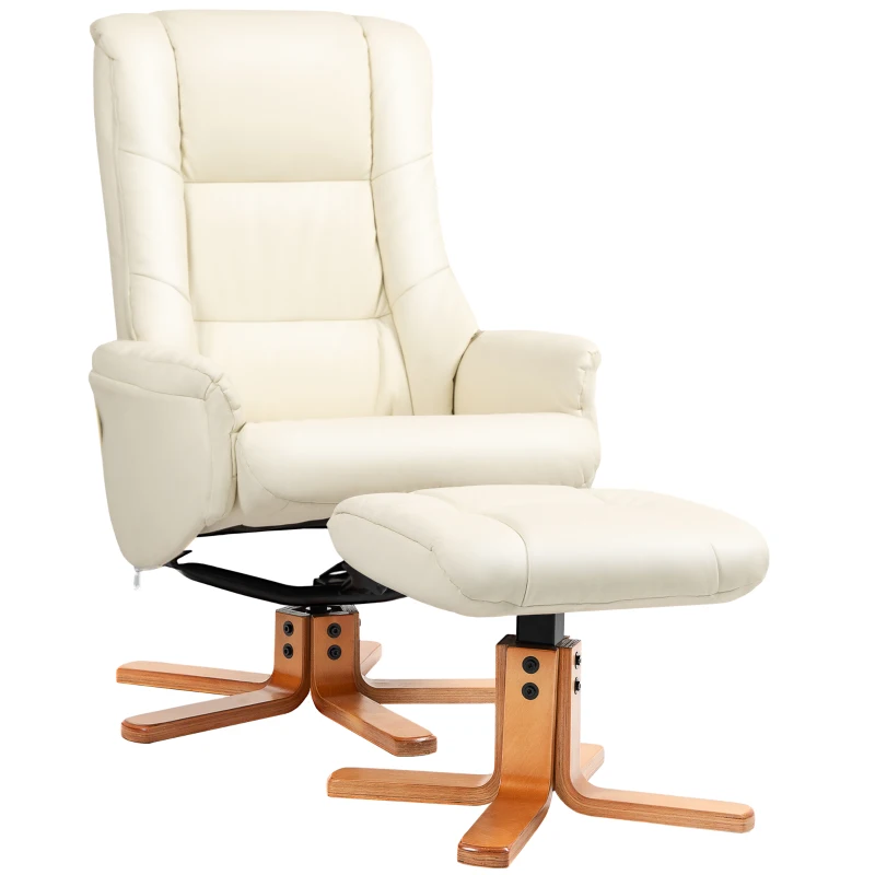 HOMCOM Poltrona de Relaxamento com Apoio para Os Pés Função de Inclinação Couro Sintético Até 150 Kg 71x84x102 cm Creme