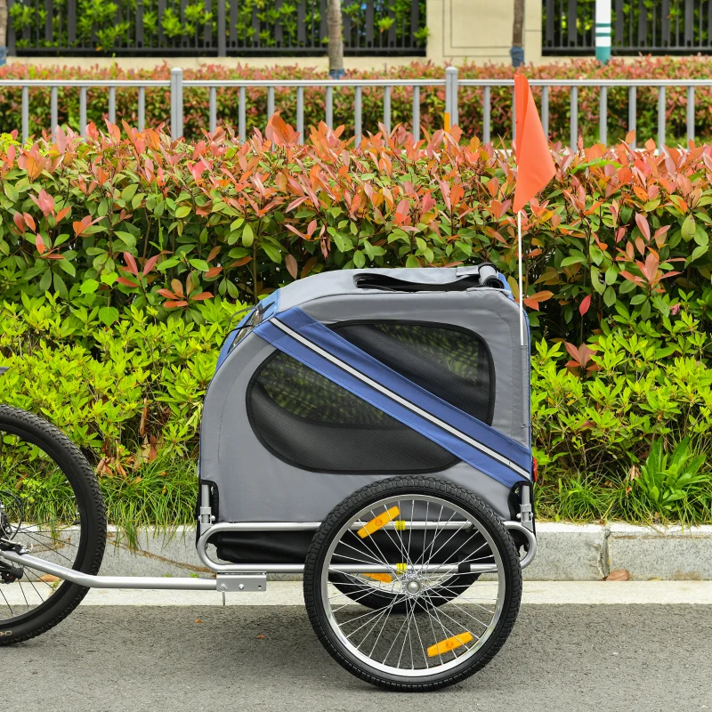 Pawhut Carretinha de Bicicleta para Animais 8 Refletores Bandeira Barra de Reboque Aço Impermeável Máx.30 Kg 130x73x90 cm Azul