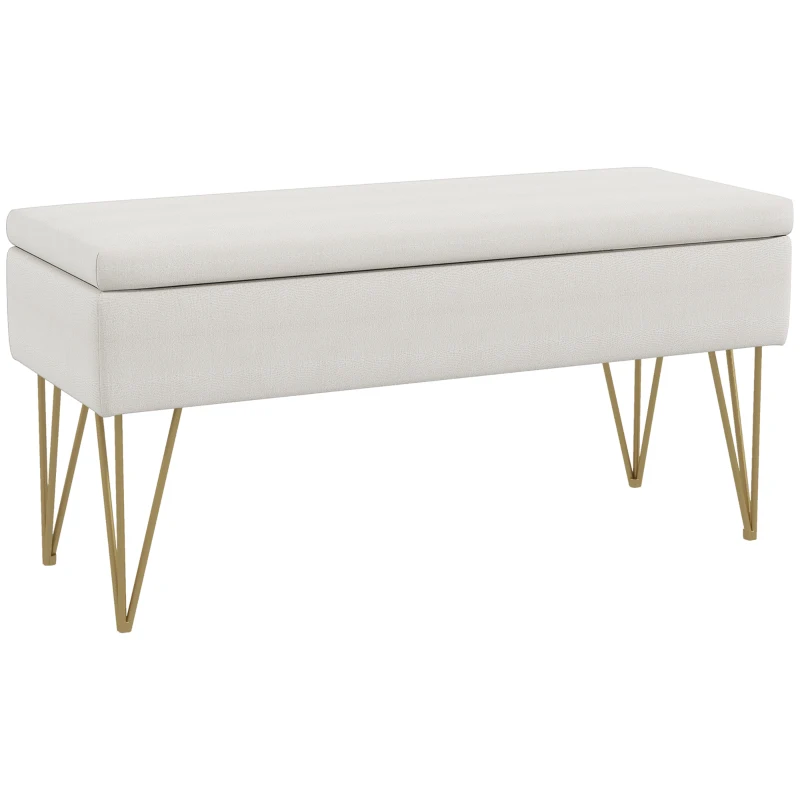 HOMCOM Banco Caixa de Armazenamento 2 em 1 em Tecido com Pés de Agulha em Aço Dourado 100x40x49 cm Creme