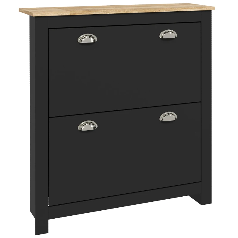 HOMCOM Sapateira 2 Portas Basculantes 2 Compartimentos Puxadores de Concha Metal 79x23x90 5 cm Preto Carvalho