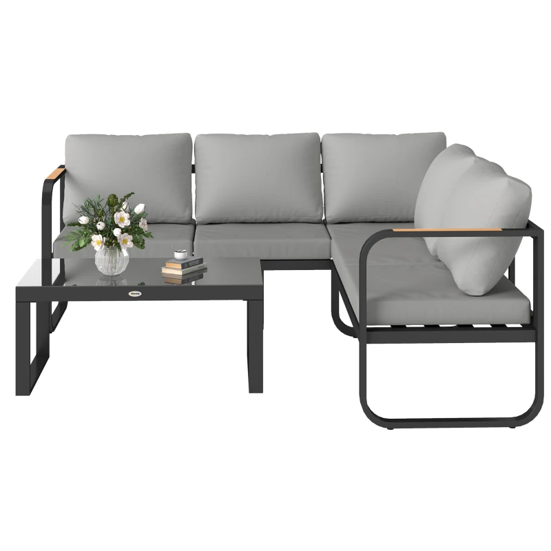 Outsunny Conjunto de Mobiliário de Jardim Exterior 3 Peças em L com Sofás e Mesa de Café em Vidro Assento Ajustável 5 Posições Cinza
