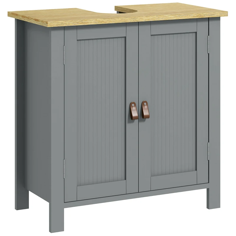 Kleankin Móvel Sob Lavatório 2 Portas Prateleira Ajustável 2 Andares Interiores Pegas em PU 60x30x60 cm Cinza