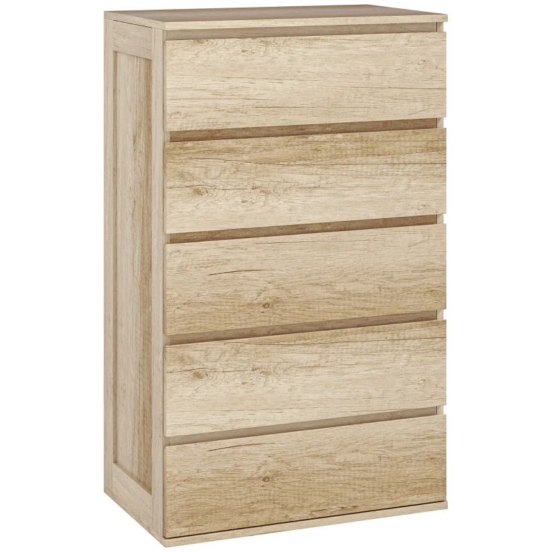 HOMCOM Cômoda 5 Gavetas Móvel de Armazenamento estilo Minimalista 60x38x100 cm Madeira Natural