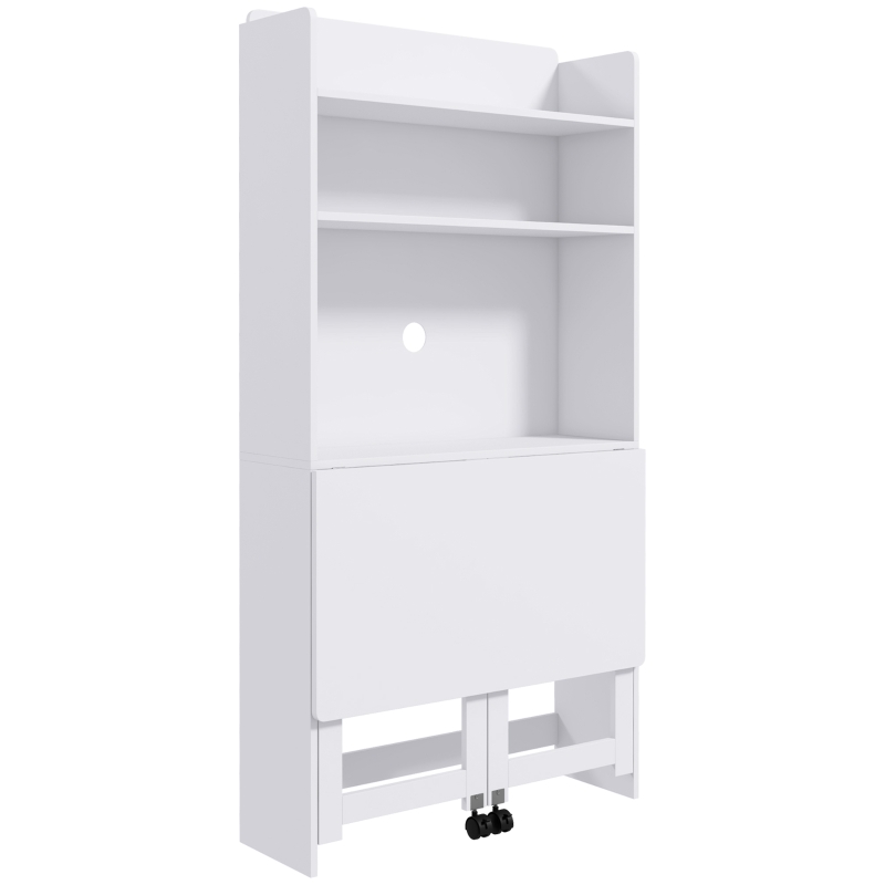 HOMCOM Mesa de Computador com Prateleiras de Arrumação Tampo Rebatível 2 Rodas para Quarto Sala 80x69x153 cm Branco