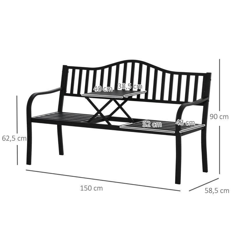 Outsunny Banco de Jardim de 2 Lugares Mesa Extensível Banco de Assento Max.240 Kg Encosto e descansos de Braço 150x58,5x90 cm Preto