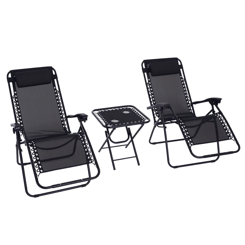 Outsunny Set Arredo Lettini da Giardino 2 Sedie a Sdraio da Spiaggia e Tavolino Regolabili Pieghevoli Tessuto do Texteline Nero