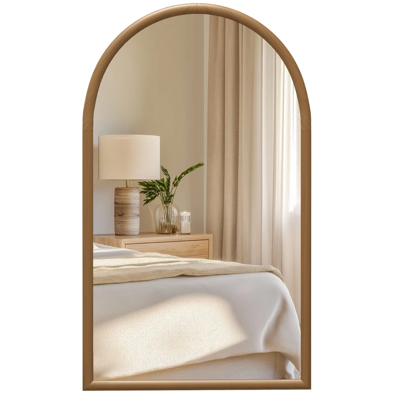 HOMCOM Espelho de Parede Arqueado 110x65 cm Estrutura em Madeira Espelho Arqueado para Sala de Estar Quarto Entrada Marrom Escuro