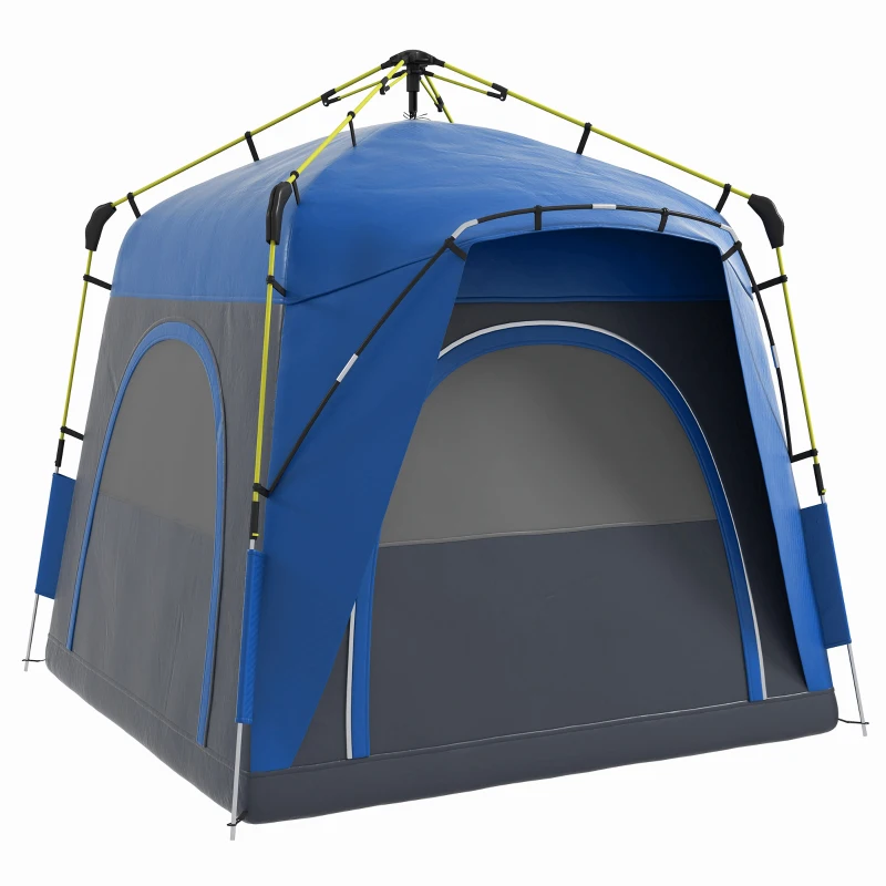 Outsunny Tenda de Acampamento Familiar para 4 Impermeável Ventilada Pop-Up Janelas 2,4x2,4x1,99 m Fibra de Vidro Poliéster Cinza Azul