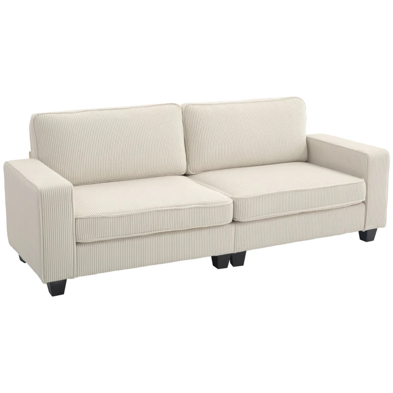 HOMCOM Sofá de 3 Lugares com Tecido Corduroso Sofá de Sala de Estar com Suspensão Até 400 Kg 227x84x87 cm Branco Creme