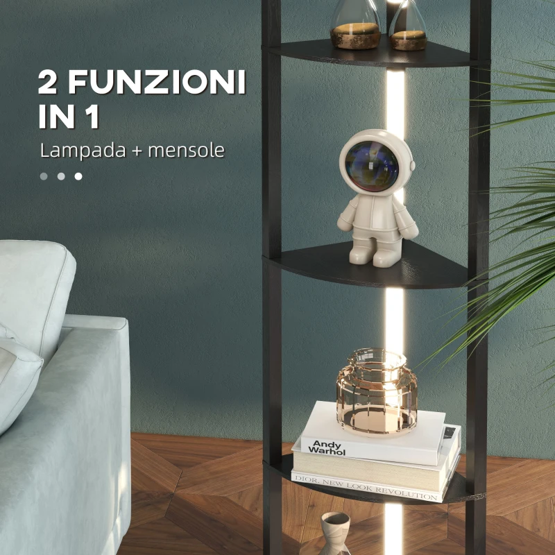 HOMCOM Lâmpada de Chão em MDF com 4 Prateleiras e Iluminação LED de 3000K 41x29,5x163,5 cm Preto