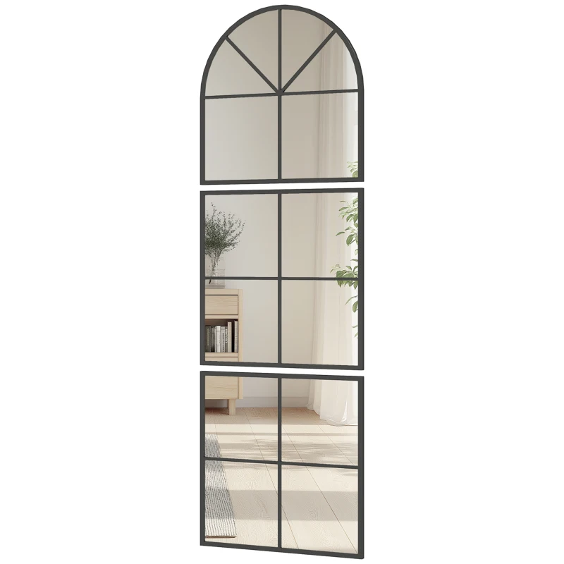 HOMCOM Espelho de Parede Arqueado 60x180 cm Forma de Janela com Moldura Metálica para Sala Quarto Corredor Preto