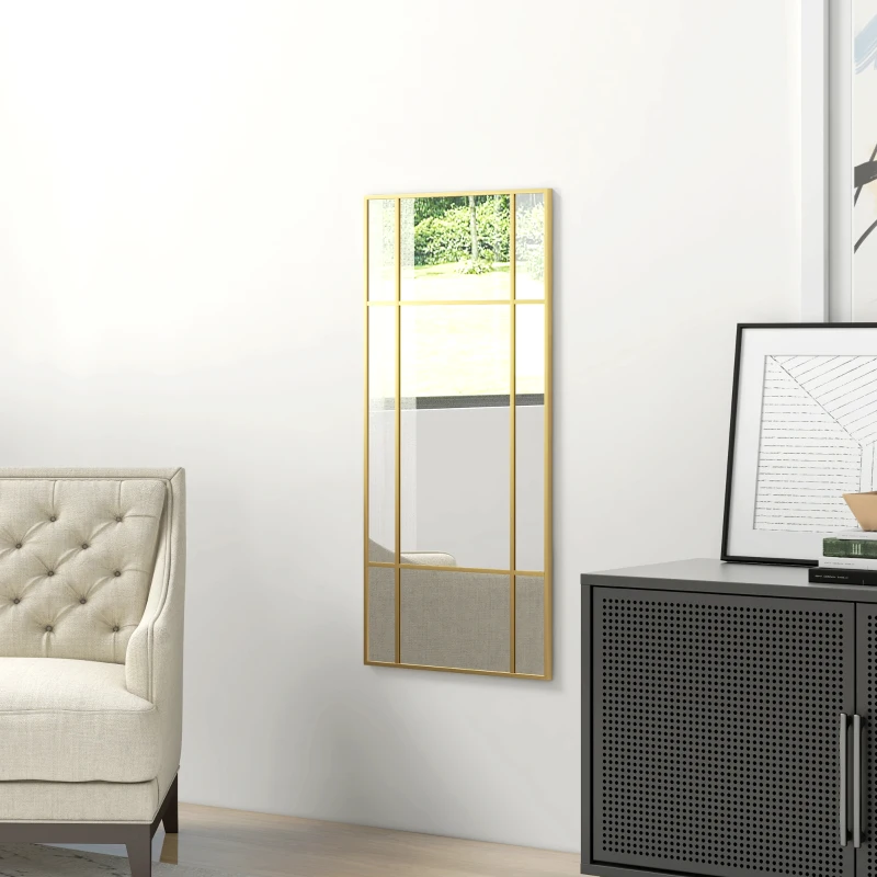 HOMCOM Espelho de Parede Vitral Retangular Estilo Janela Horizontal ou Vertical com 4 Ganchos em Metal Dourado 110x50 cm