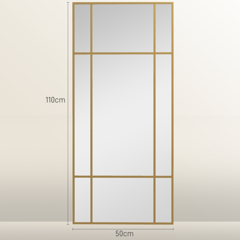 HOMCOM Espelho de Parede Vitral Retangular Estilo Janela Horizontal ou Vertical com 4 Ganchos em Metal Dourado 110x50 cm