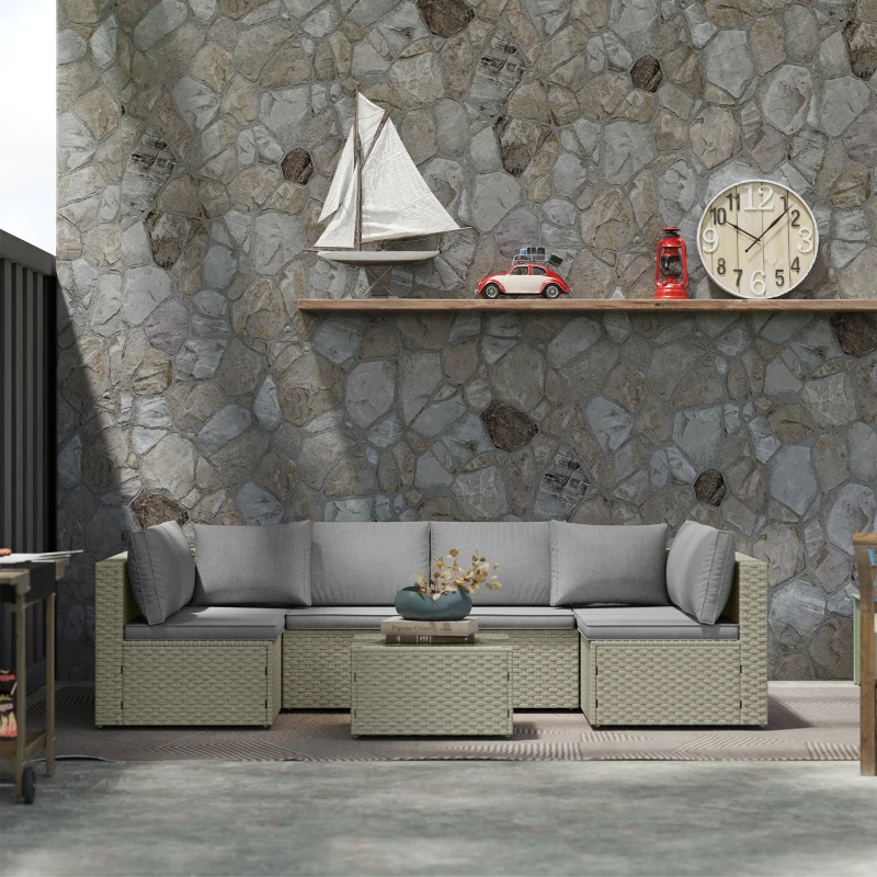 Outsunny Conjunto de Móveis de Jardim Exterior Modular para 6 Pessoas em Vime Sintético com Sofás e Mesa de Vidro Temperado Cinzento