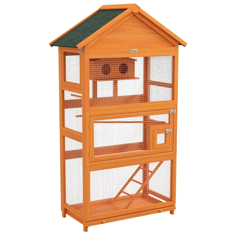 Pawhut Gaiola para Pássaros em Madeira Gaiola para Papagaio Área de Jogos Telhado de Asfalto Impermeável 92x52x171 cm Laranja