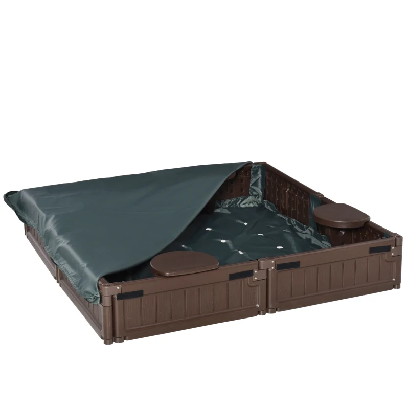 Outsunny Sandkasten com Abdeckplane & Bodenplane estilo Modular 4 Assentos 1,23x1,23 m Castanho