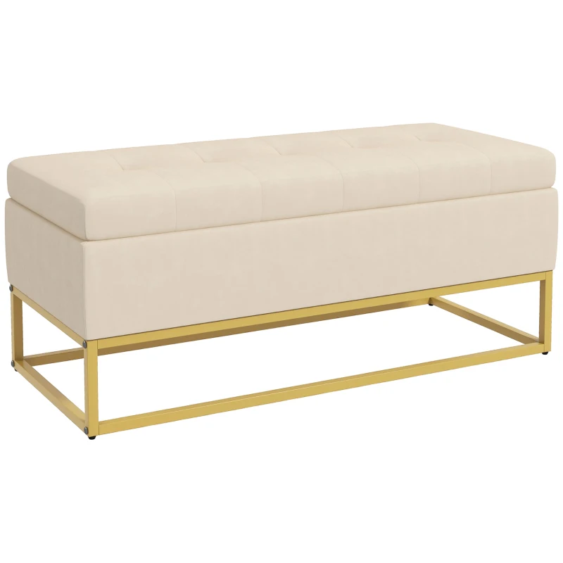HOMCOM Banco de Armazenamento Botões decorativos Aparência de Pelúcia Pés de Aço Dourados 110x47x46,5 cm