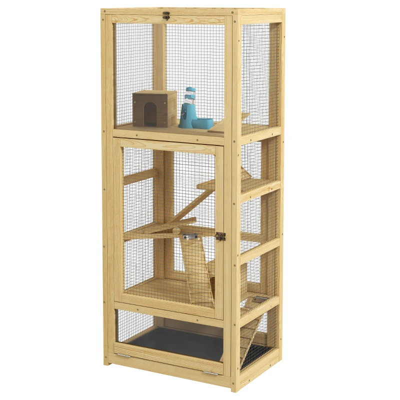 Pawhut Gaiola para Hamsters ou Pequenos Animais em Madeira 5 Níveis com Escada Cabana Balanço 54x38x131 cm Natural