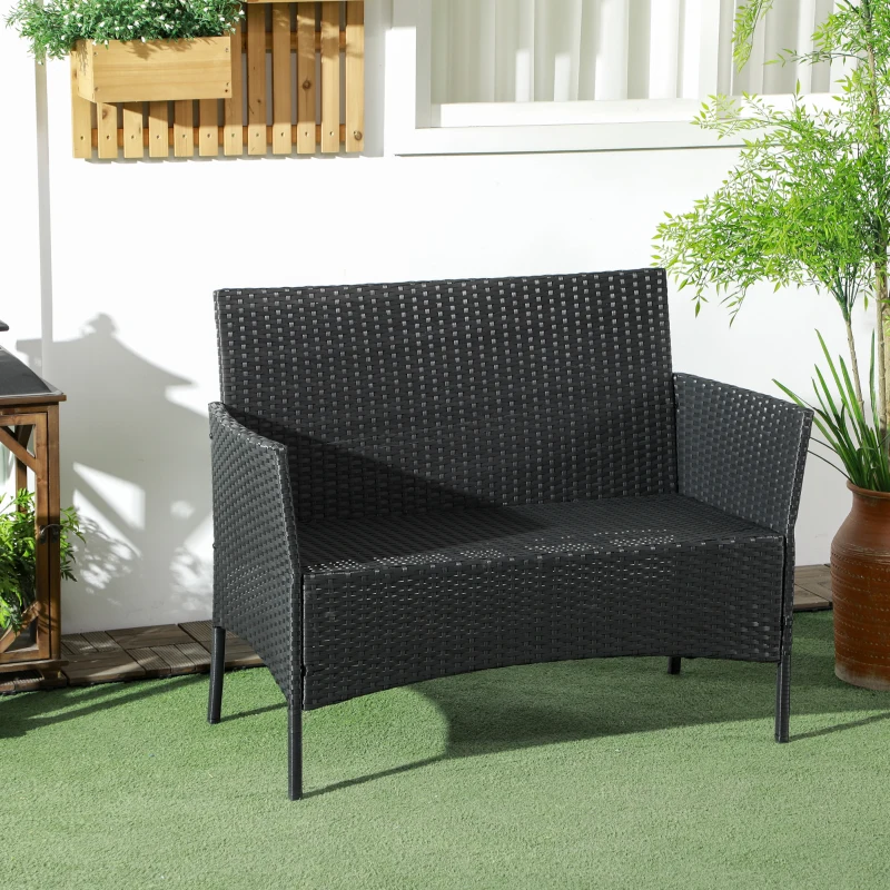 Outsunny Sofá de Jardim de 2 Lugares com Almofada e Apoios em Rattan PP e Aço 100x54x80 cm Preto