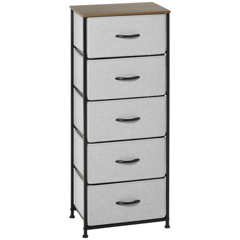 HOMCOM Cômoda 5 Gavetões Móvel de Armazenamento Gaveta em Tecido Dobrável Estrutura de Aço Preto 45x30x116 cm Cinza