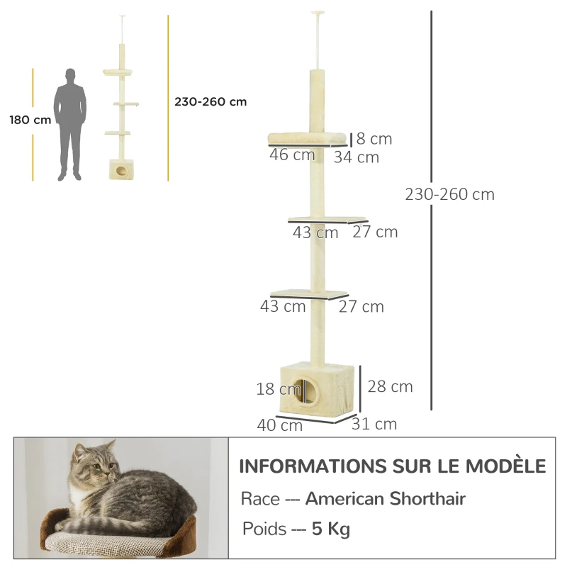 Pawhut Arranhador para Gatos do Solo ao Teto Altura Ajustável 440x31x240-270 cm 4 Níveis de Atividades com Casinha