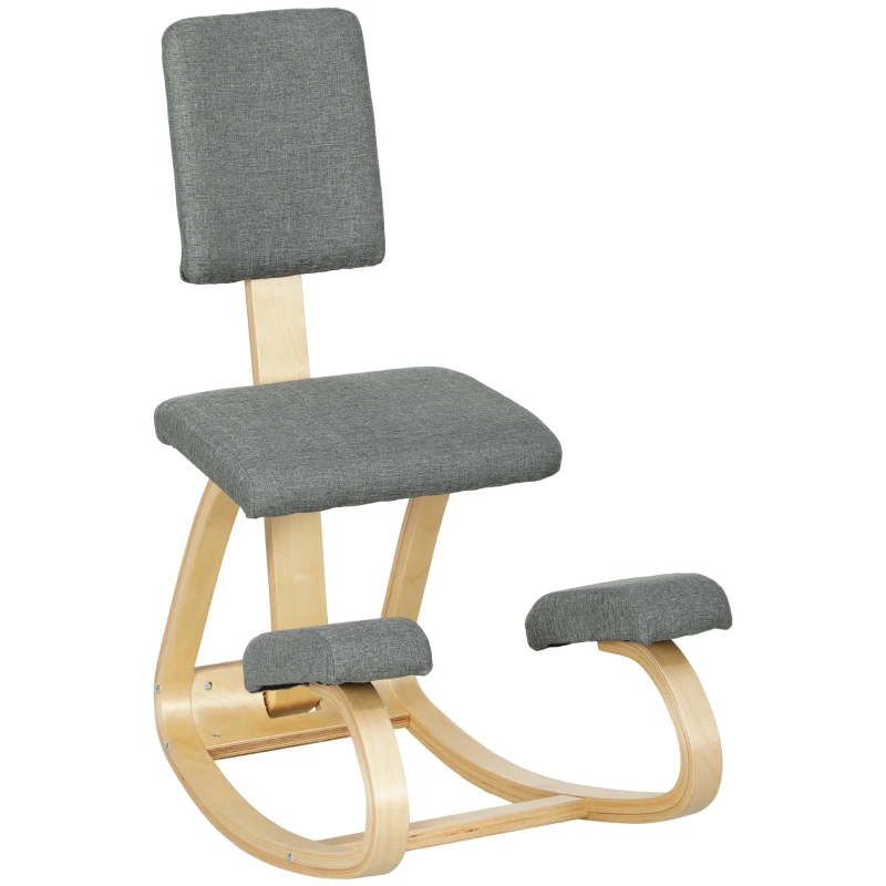 HOMCOM Assento de Joelhos Assento Ergonômico de Madeira Balançante com Encosto Cadeira de Joelhos para Escritório em Casa Cinza