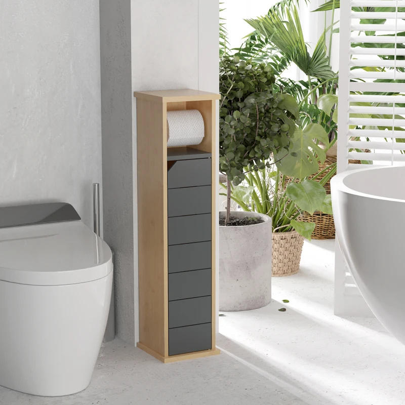 HOMCOM Suporte para Papel Higiênico Móvel para Papel Higiênico Armário para Papel Higiênico 2 Níveis Saída para Papel MDF Cinza Bambu