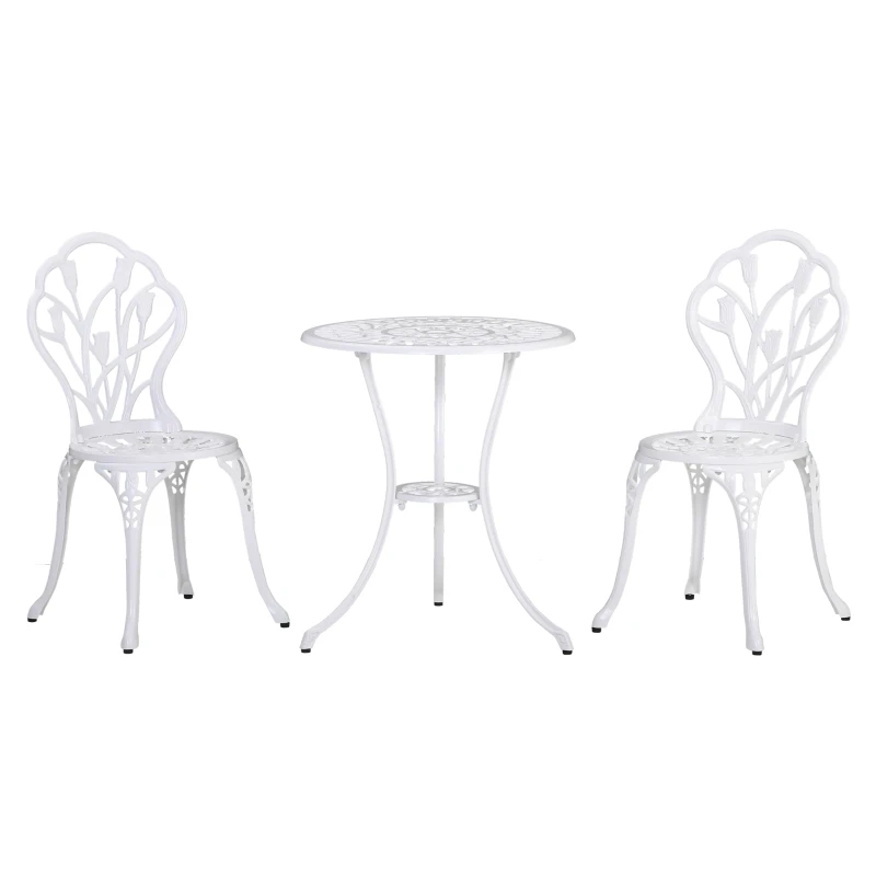 Outsunny Conjunto de Sala de Jardim 2 Lugares 2 Cadeiras Mesa Redonda Alumínio Fundido Imitação de Ferro Fundido Branco